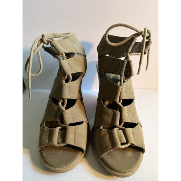 Qupid Women's Gladiator Block Heels Lace Up Peep Toe Ankle Tan Size 8.5 - Picture 1 of 8